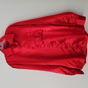 Red satin button-front shirt‎